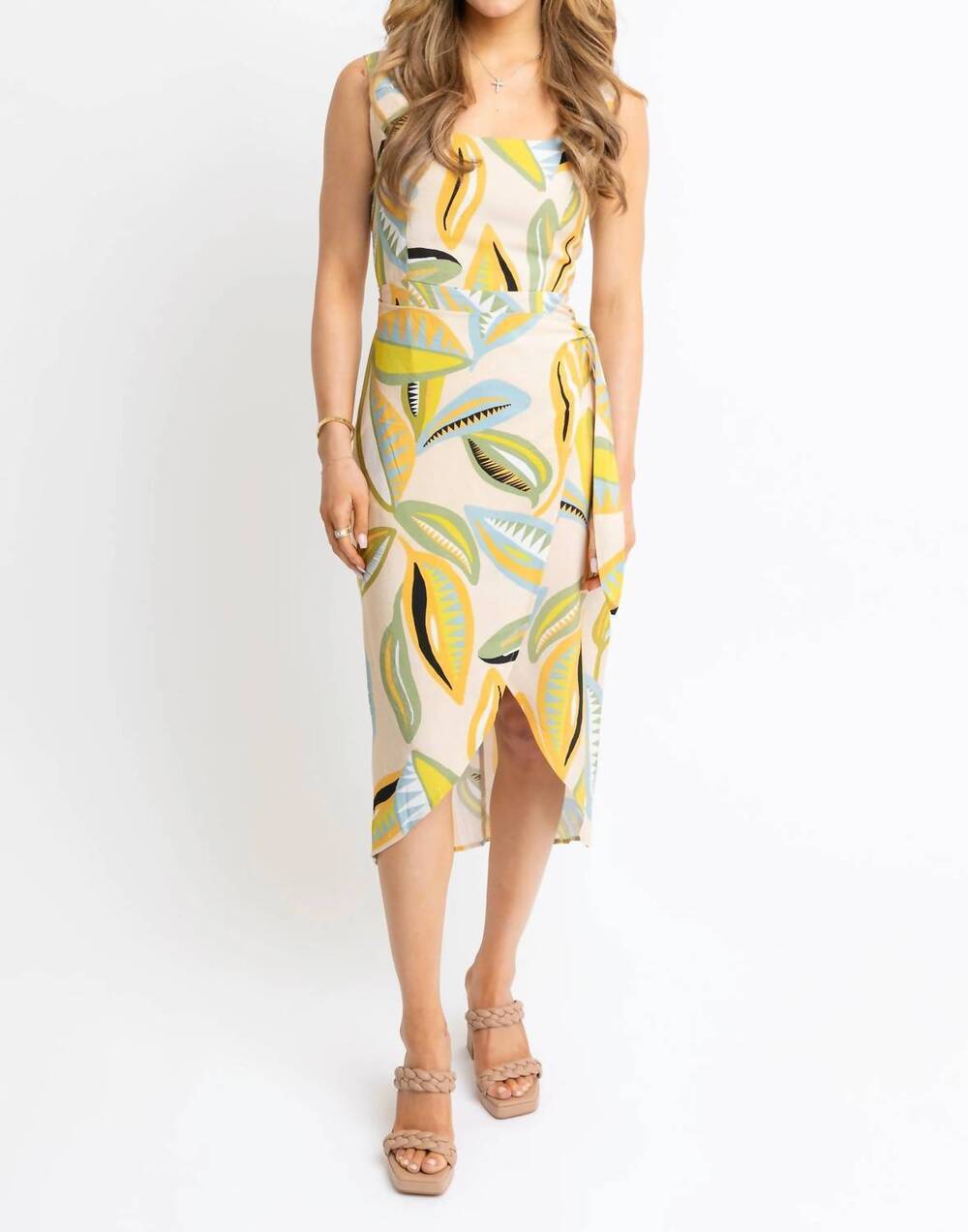 NEW KARLIE abstract leaf palm wrap dress in tan